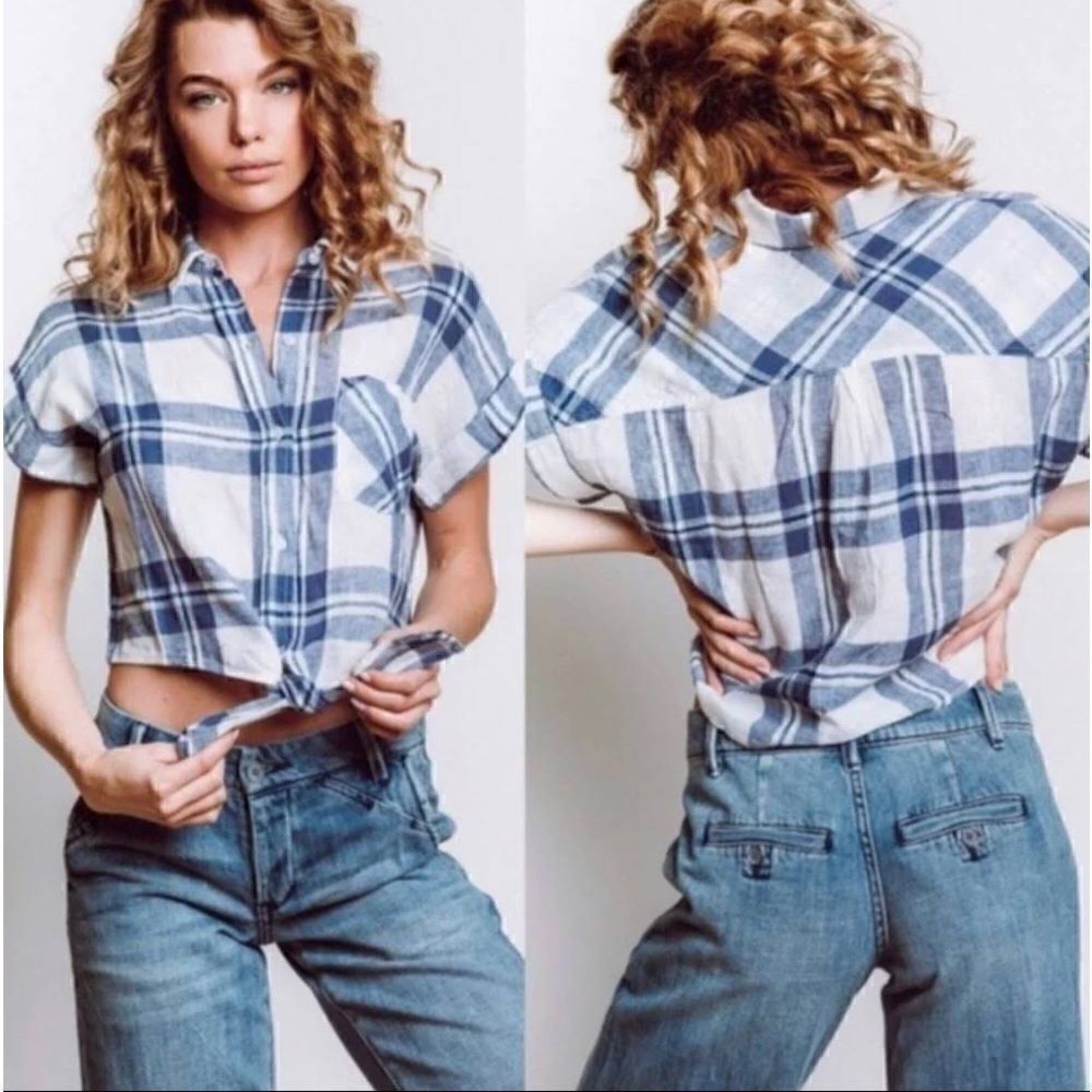 RAILS Amelie Lapis Short Sleeve Blue Plaid Linen Front Tie Cropped Blouse Sz M